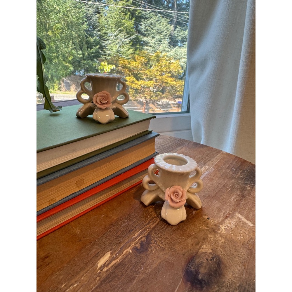 Vintage Ceramic Pink Rose Candle Holder Set Cottagecore Porcelain Taper Pair
